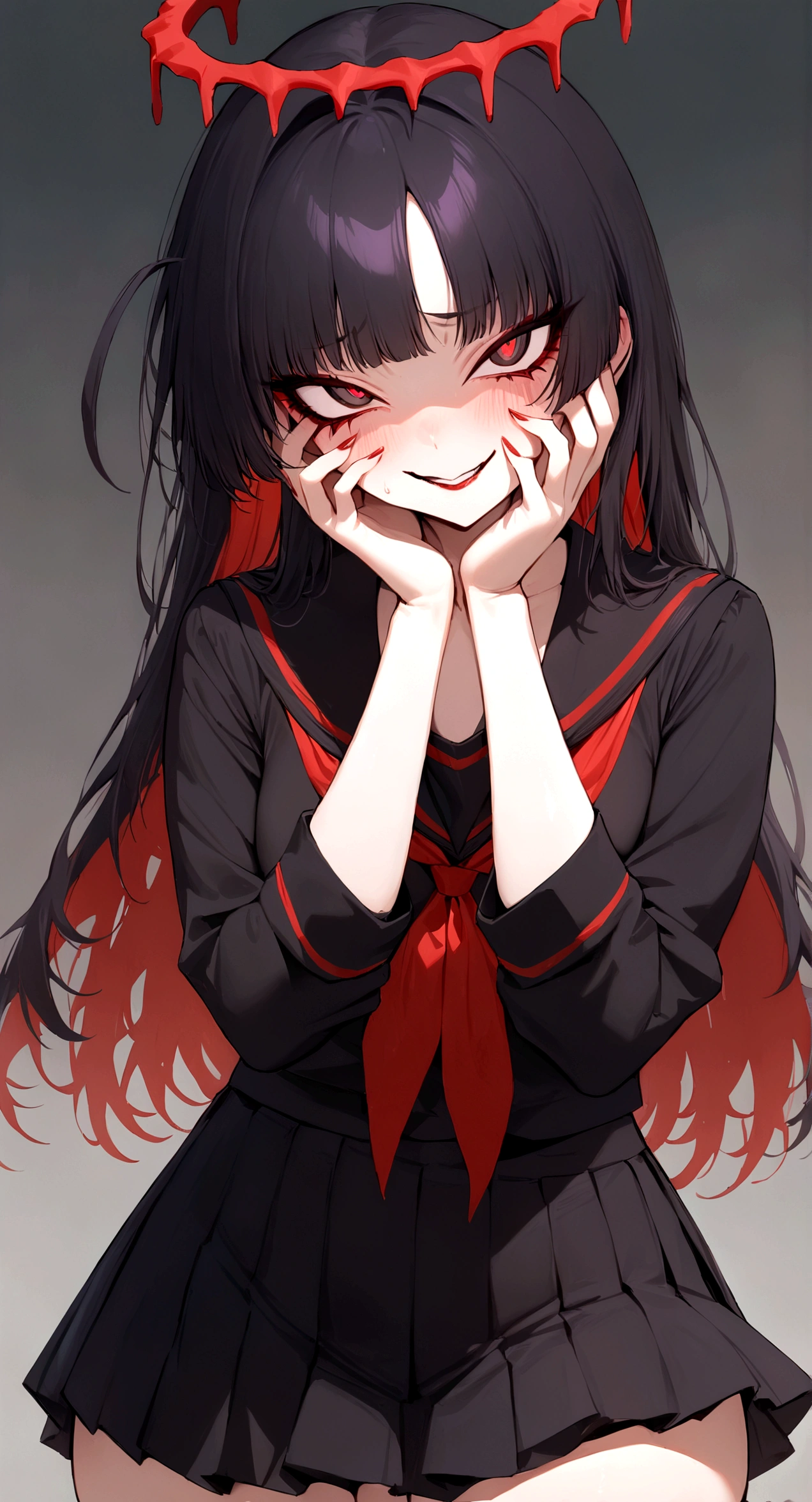 (Masterpiece, Best Quality:1.2), cowboy shot, Alone, 1 girl, Tsurugi \(blue file\), evil smile, looking at the viewer, hands on own face, halo, , black seraph, black sailor collar, black pleated skirt,bright eyes circular pupils,