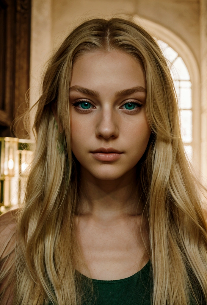 facial portrait 21 year old woman with long blonde hair and green eyes