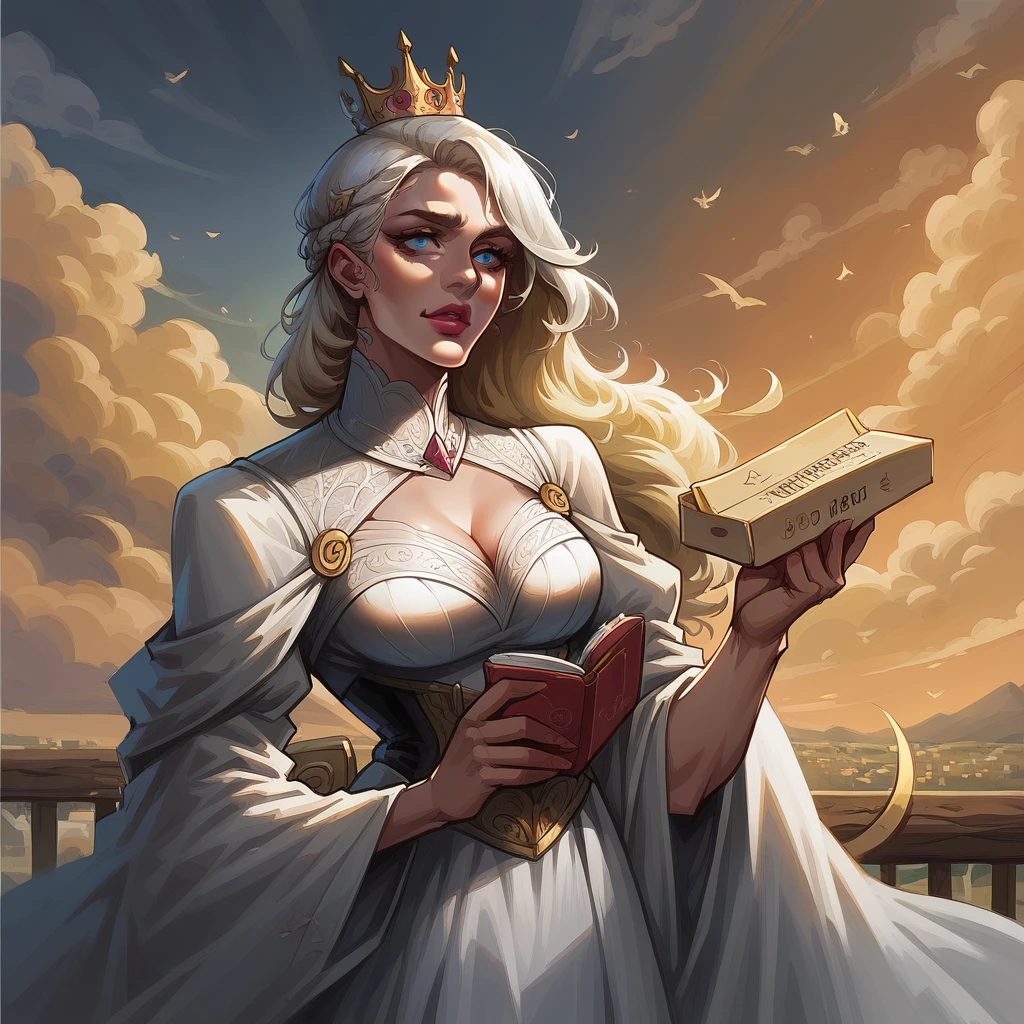 there is a woman in a white dress holding a Music Box, artwork in the style of guweiz, guweiz on pixiv artstation, guweiz on artstation pixiv, guweiz, fantasy art style, guweiz masterpiece, beautiful and elegant queen, beautiful character painting, detailed digital anime art, blonde - haired princess, White hair, sky blue eyes, pink lips