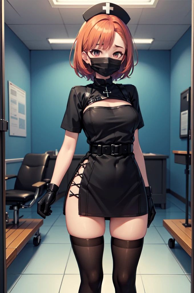 black nurse, 1girl, solo, black nurse cap, black nurse uniform, ((black legwear, zettai ryouiki)), black elbow gloves, very short hair, orange hair, ((black surgical mask, covered nose)), standing, ((surgery room)), sharp outline, short sleeves, tomboy, boyish, best quality, masterpiece