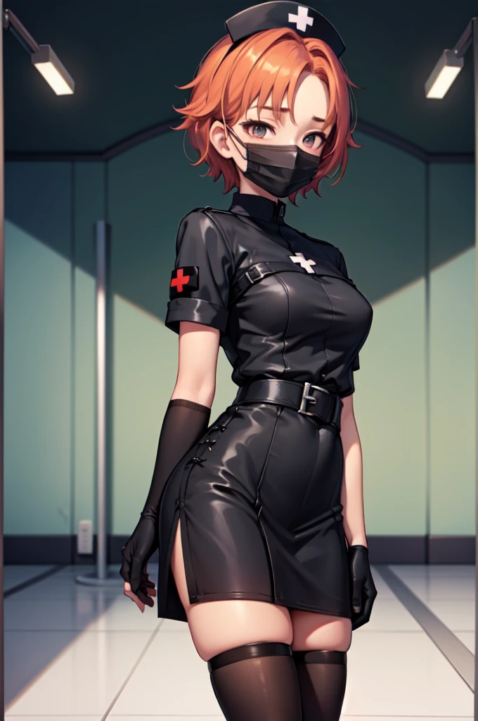 black nurse, 1girl, solo, black nurse cap, black nurse uniform, ((black legwear, zettai ryouiki)), black elbow gloves, very short hair, orange hair, ((black surgical mask, covered nose)), standing, ((surgery room)), sharp outline, short sleeves, tomboy, boyish, best quality, masterpiece