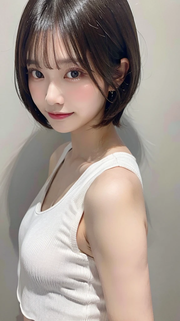 (Highest quality, 8K, 32k, masterpiece, Ultra-high resolution:1.2),Beautiful Japanese Women Photos, Very short bob hair,Upper Body,Face Focus,(White tank top), Simple Background, From above, View your viewers,