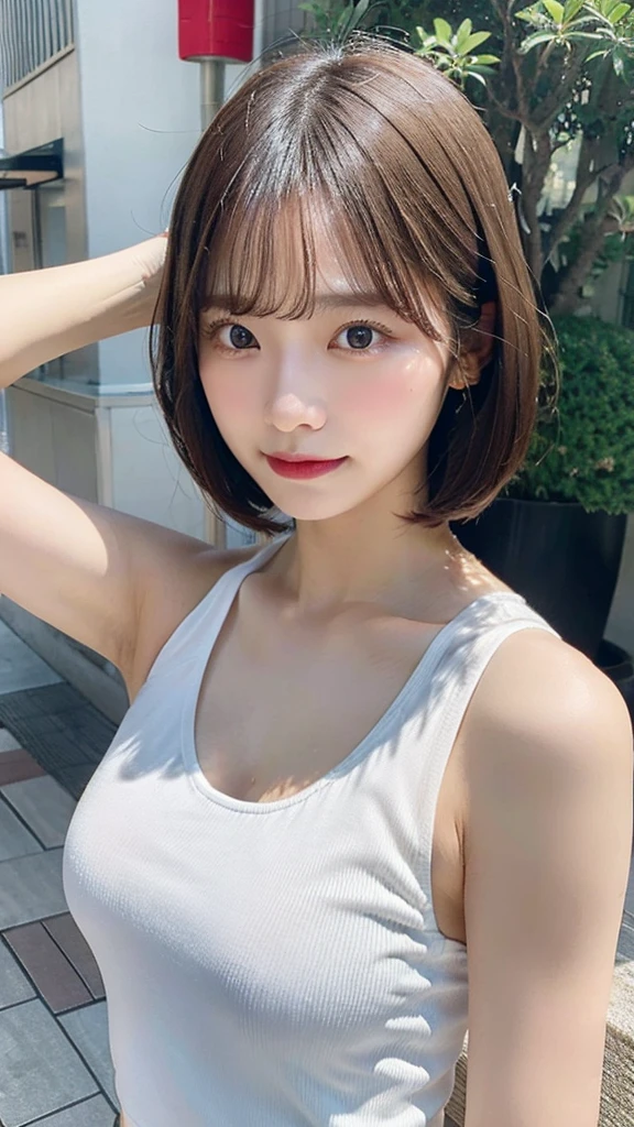 (Highest quality, 8K, 32k, masterpiece, Ultra-high resolution:1.2),Beautiful Japanese Women Photos, Very short bob hair,Upper Body,Face Focus,(White tank top), Simple Background, From above, View your viewers,