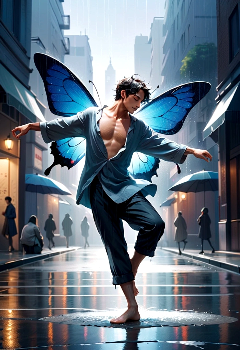 Soul Dancer Mark,A homeless man dancing alone in the rain， souls，Barefoot，Loose and worn clothes，Professional ballet movements，Butterflies chasing fingertips，Very contagious，Splash，Light and Shadow，Minimalism，artistic conception，Clean background