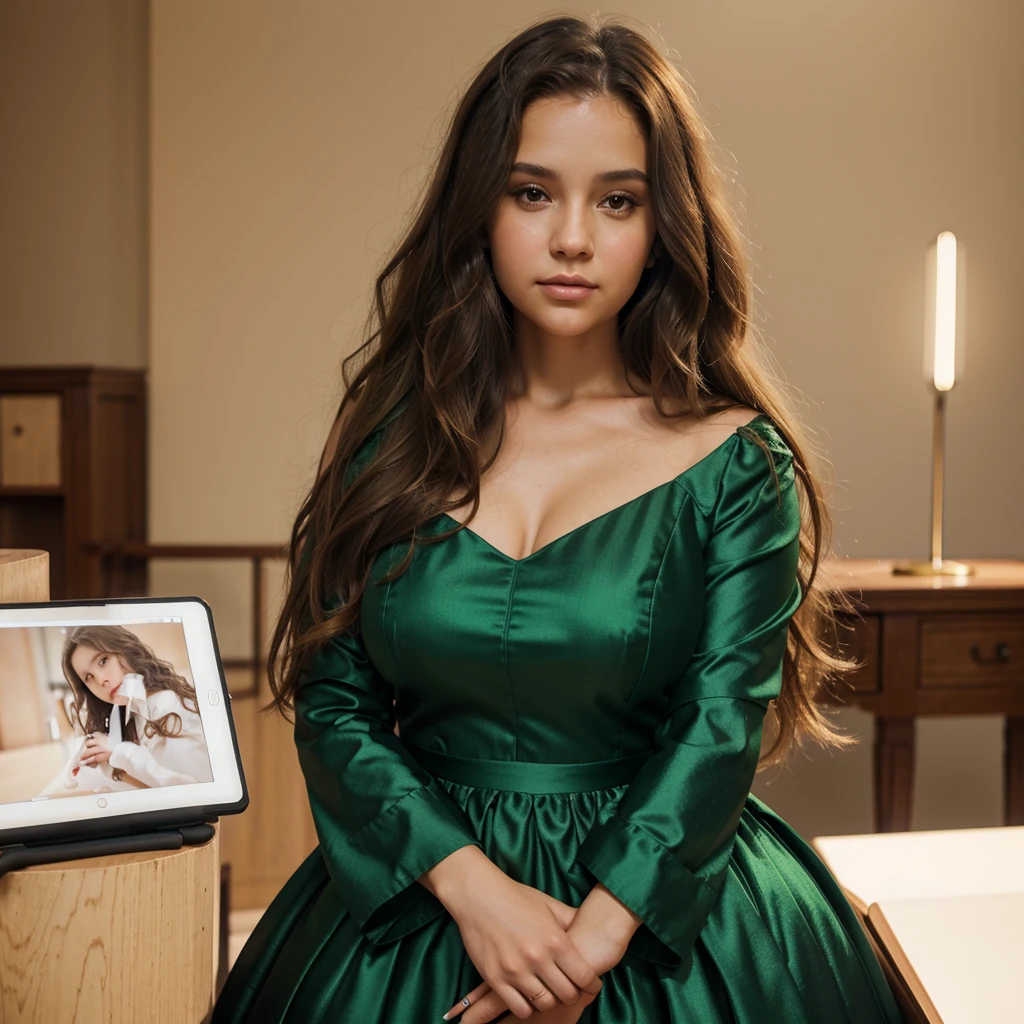 Beautiful woman of Russian nationality, light skin, lush hair, wavy hair, long hair, hair color light brown, brown hair, full girl, round face, chubby cheeks, short neck, broad shoulders, wearing elegant emerald-colored dress, shiny dress with sleeves, holding a graphic tablet, working on the tablet, graphic stylus, looking at the viewer, neon background, blurred background, best quality, realistic style