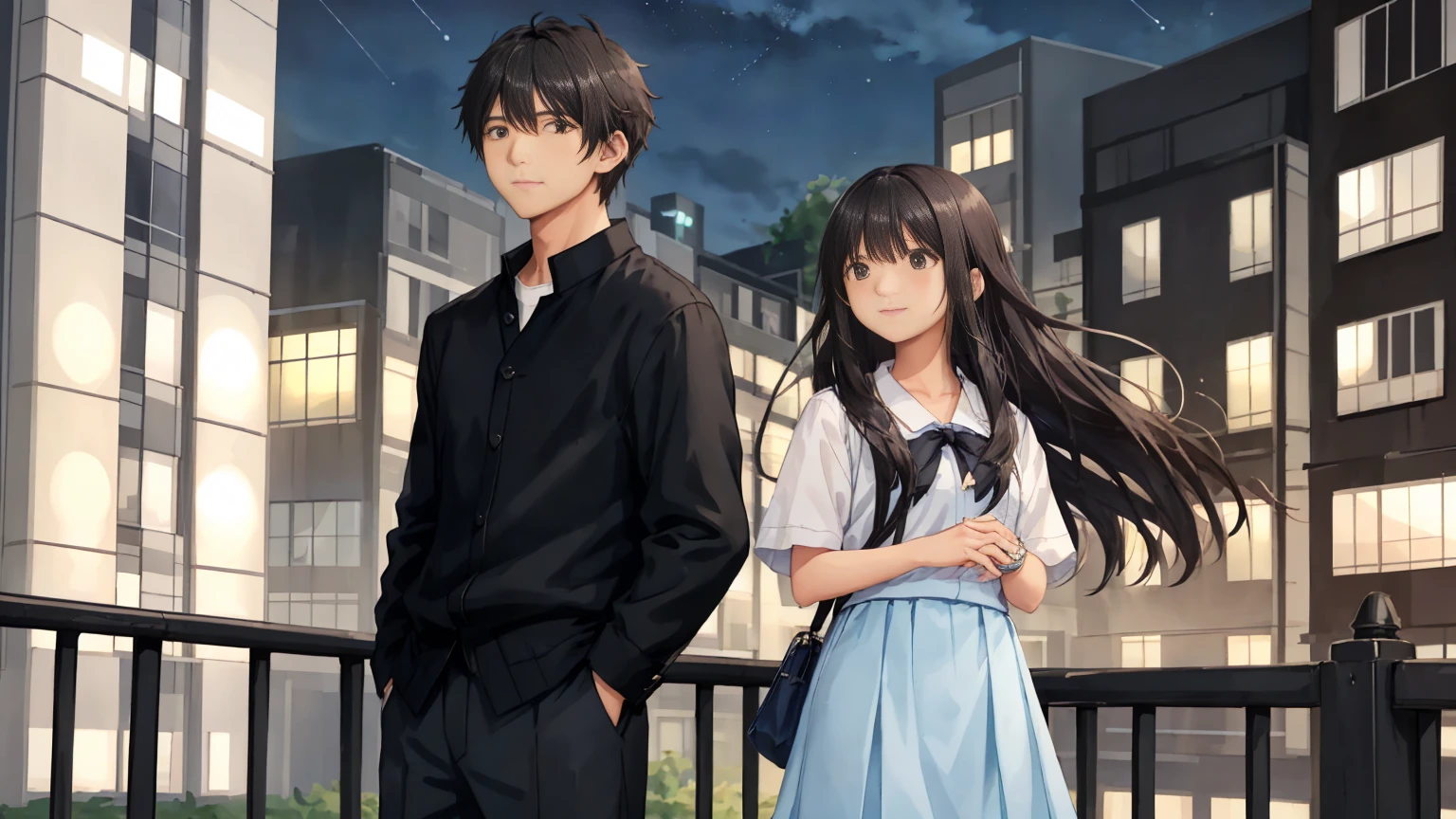 A cool breeze blows between the buildings in a summer night city background。Two people2Shot shows a young man and a young woman standing facing forward。The woman is cute and relaxed as she looks up at the night sky.、She is wearing a cute casual shirt and skirt.、Long black hair fluttering in the wind。He has a short, neat hairstyle、Handsome man with a sweet smile、A young man has his hands in his pockets。