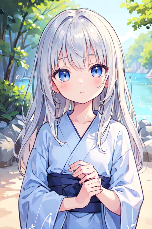 (best quality, masterpiece:1.2), ultra detailed, extremely detailed eyes and face, natural skin texture, detailed skin, natural lighting,
 chibi, 1 girl, 12-years-old, (cute),
 silver hair, middle hair, straight hair, shiny hair,
 blue eyes,
 flat chest,
 yukata,
 upper body,