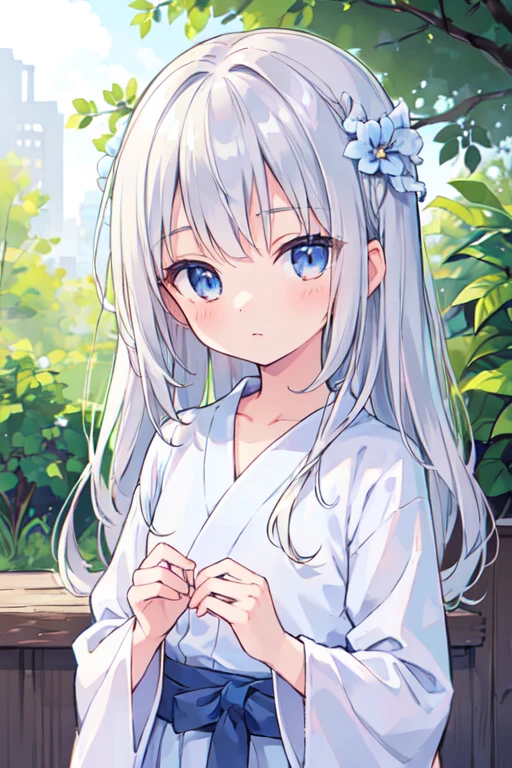 (best quality, masterpiece:1.2), ultra detailed, extremely detailed eyes and face, natural skin texture, detailed skin, natural lighting,
chibi, 1 girl, 12-years-old, (cute),
silver hair, middle hair, straight hair, shiny hair,
blue eyes,
flat chest,
yukata,
upper body,