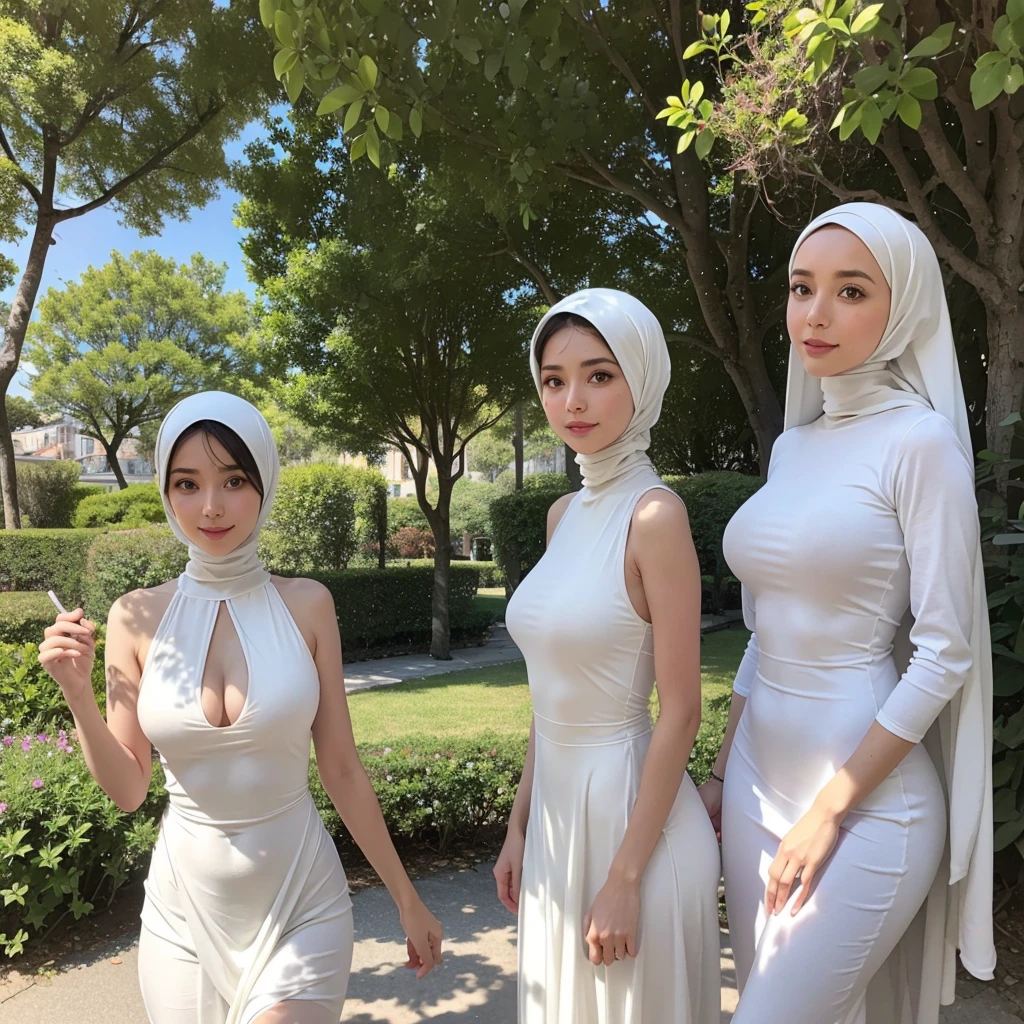 .RAW, Best quality, High resolution, Masterpiece: 1.3), Deux belles femmes malaises en hijab,Masterpiece, Corps slim fit parfait, (huge breasts), De grands yeux magnifiques, doux sourire, Delicate turtleneck printed sun dress, collier, bande de cheveux, Afternoon Walk, Jardin de ville, Excellent lighting, couleurs vives, clean lines