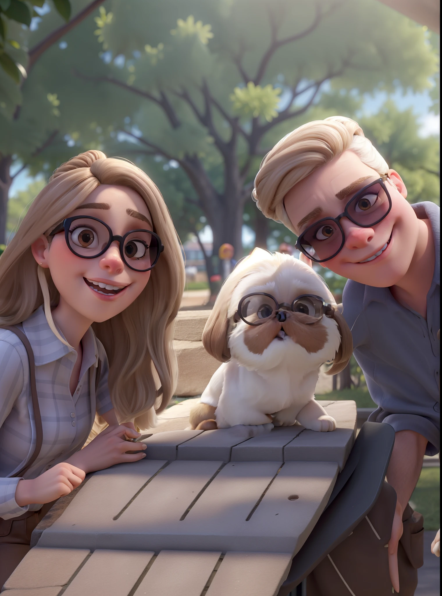 The woman has white skin and is 22 years old with blonde hair and is wearing ray bun sunglasses, the white man is 26 years old with brown hair and is wearing ray bun sunglasses. eyes browns. and a white and brown shih tzu without glasses , do not park