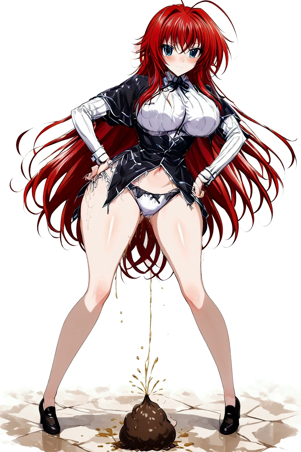 Antme. High School DxD. Rias Gremory. from the anime Hight School DxD. Diarrhea. She farts. Wants to poop. I need to poop. A very strong, desperate urge to poop. Poop comes out of her butt and stains her panties. She poops in her panties. She poops on herself. She poops on the floor. She poops standing up. She pooped while standing. She pooped in her panties. She pooped on the floor. She pooped under herself. She shit herself. The poop lies on the floor of the room, covered in liquid feces. Embarrassment. Blush. Pee. Standing. Knees together and feet apart. Abdominal pain. Hands on stomach. The panties are stained with diarrhea. Nose flows down my thighs. Cry. Tears in my eyes. Lean forward. Sigh. The girl can't stand straight. 8k Ultra detail. Better quality. A high resolution. Scat. Full height. Full body.