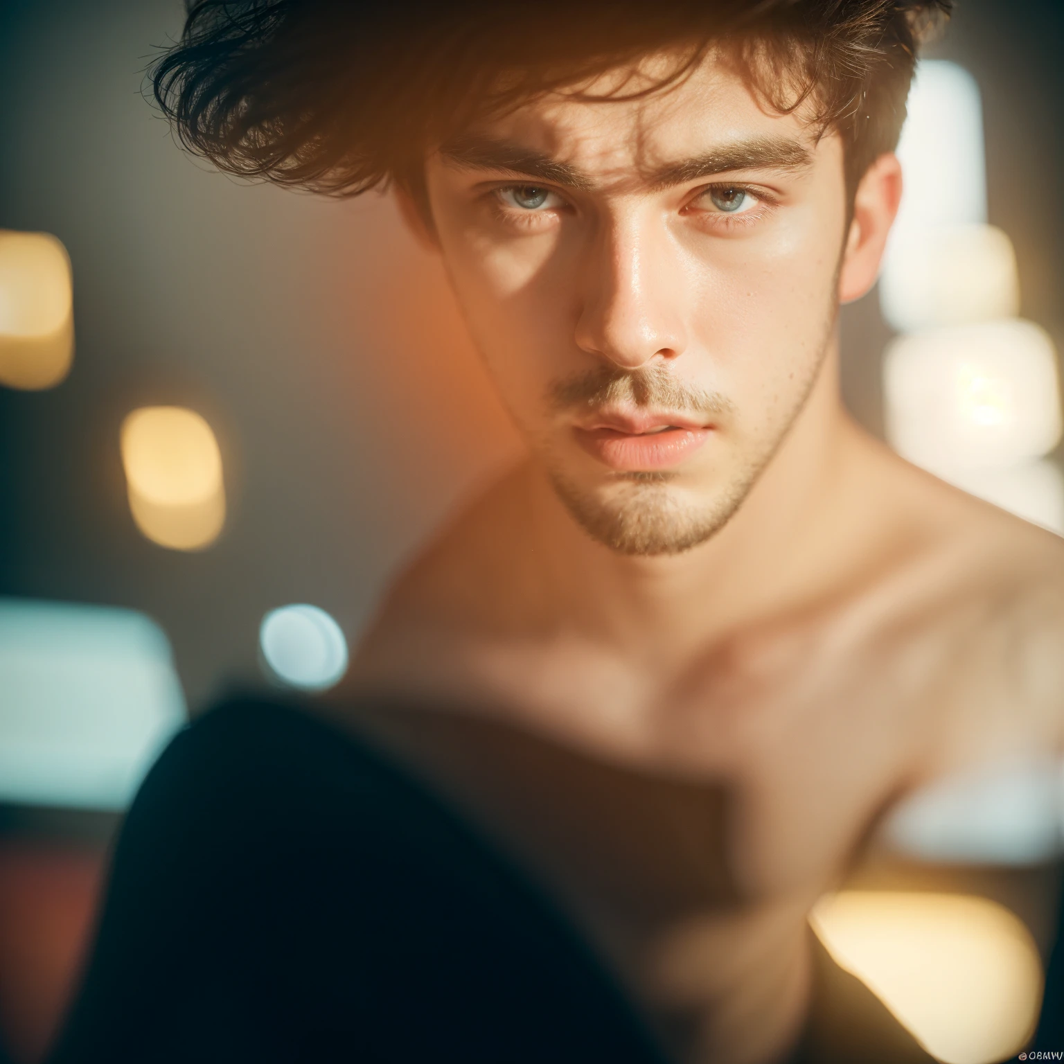 young chris evans he is looking directly to the center of lens camera shirtless handsome face
In Realistic
realistic face, stunning model, serene look, subtle smile, matte texture, octane render, full body shot fashion editorial photography, all black room studio background, flashing light on the face ultra photorealistic + Hasselblad H6D + high definition + 8k + cinematic + color grading + depth of field + photo-realistic + film lighting + intricate + realism + maximalist