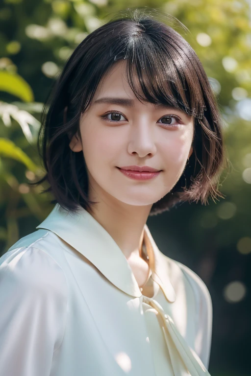 (award winning, 8k, super detailed, high resolution, best quality, professional photography, portrait), 1girl, solo, beautiful girl, beautiful eyes, detailed eyes, (black eye), (white blouse with collar), short hair, black hair, walking in the park, POV, (from below), [coy smile], summer light