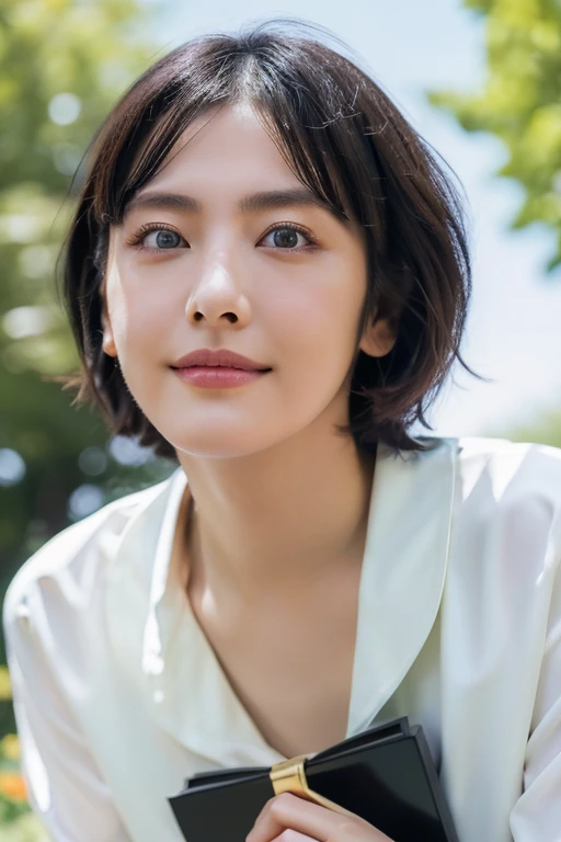 (award winning, 8k, super detailed, high resolution, best quality, professional photography, portrait), 1girl, solo, beautiful girl, beautiful eyes, detailed eyes, (black eye), (white blouse with collar), short hair, black hair, walking in the park, POV, (from below), [coy smile], summer light