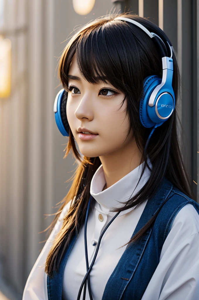 An anime character with headphone in neck 
