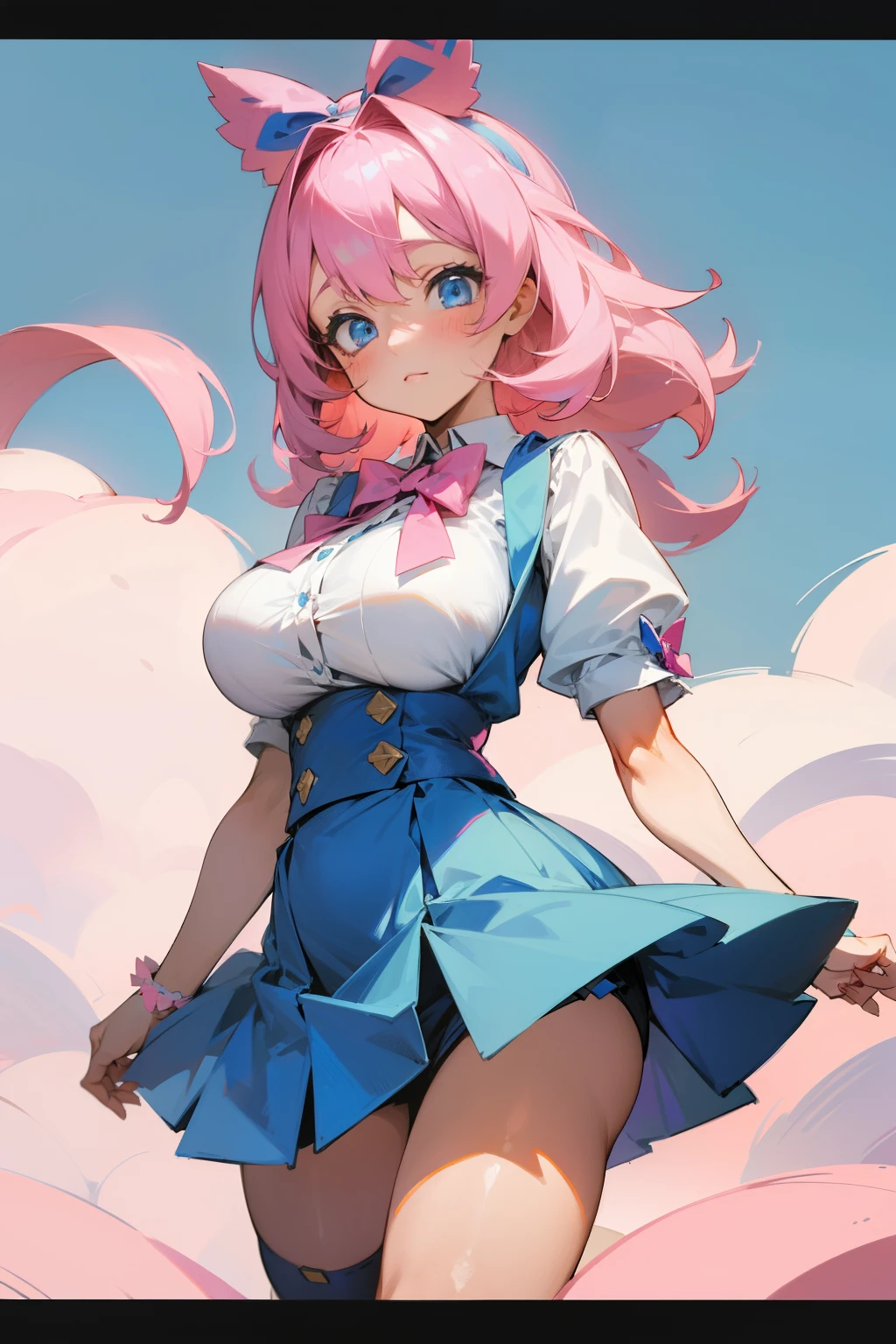 Cute girl, pink hair, blue eyes, hair bow, , big breasts, short blue skirt, shy