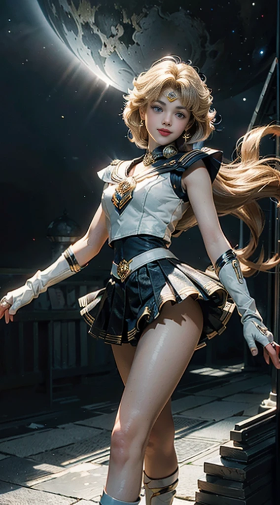 (Extreme detail CG Unity 8K wallpaper, masterpiece, highest quality), (exquisite lighting and shadow, highly dramatic picture, cinematic lens effect), (Sailor Moon: 1.1), charming smile, double tail, blue eyes, blond hair, tight top, white gloves, mini skirt, dynamic pose), the background is the universe (excellent detail, excellent lighting, wide angle), (excellent rendering, enough to stand out in its class),
