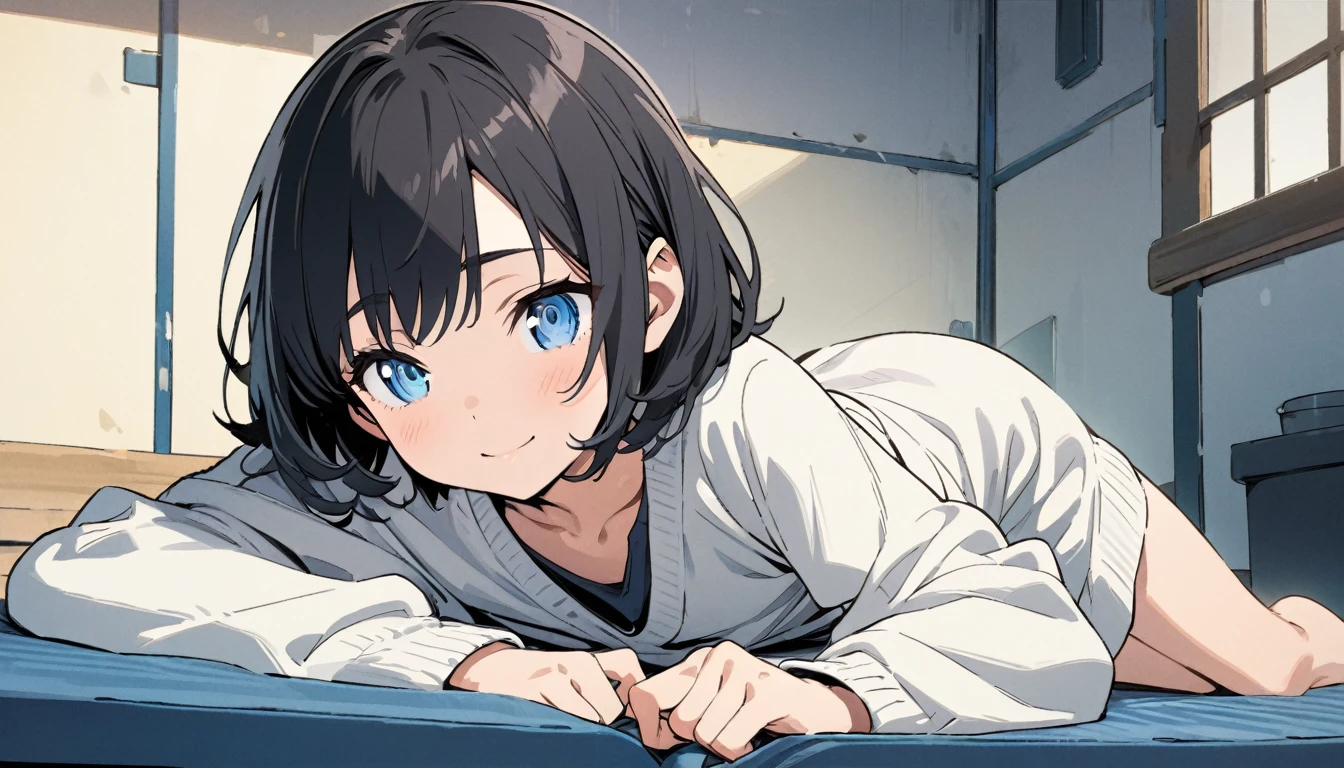 girl, solo, blue eyes, (detailed eyes), flat chest, short hair, black hair,, gentle smile on her face, , sitting up straight, wearing a white cardigan((masterpiece, illustration, best quality) laying down at her beach hous