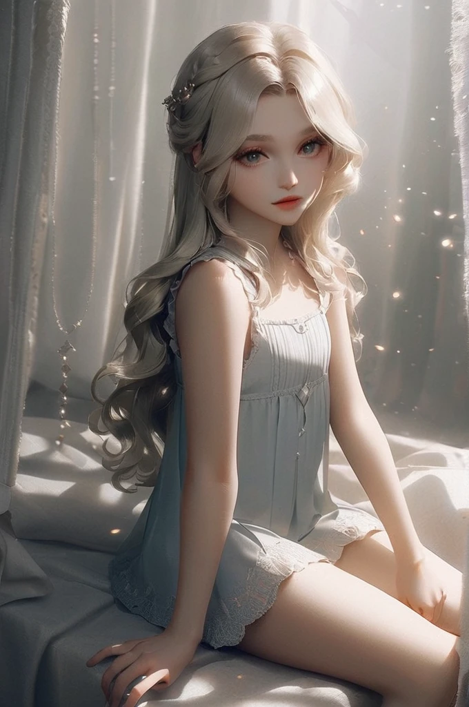 ((Лучшее качество)), ((шедевр)), (подробный), A young girl is sitting naked on the bed
