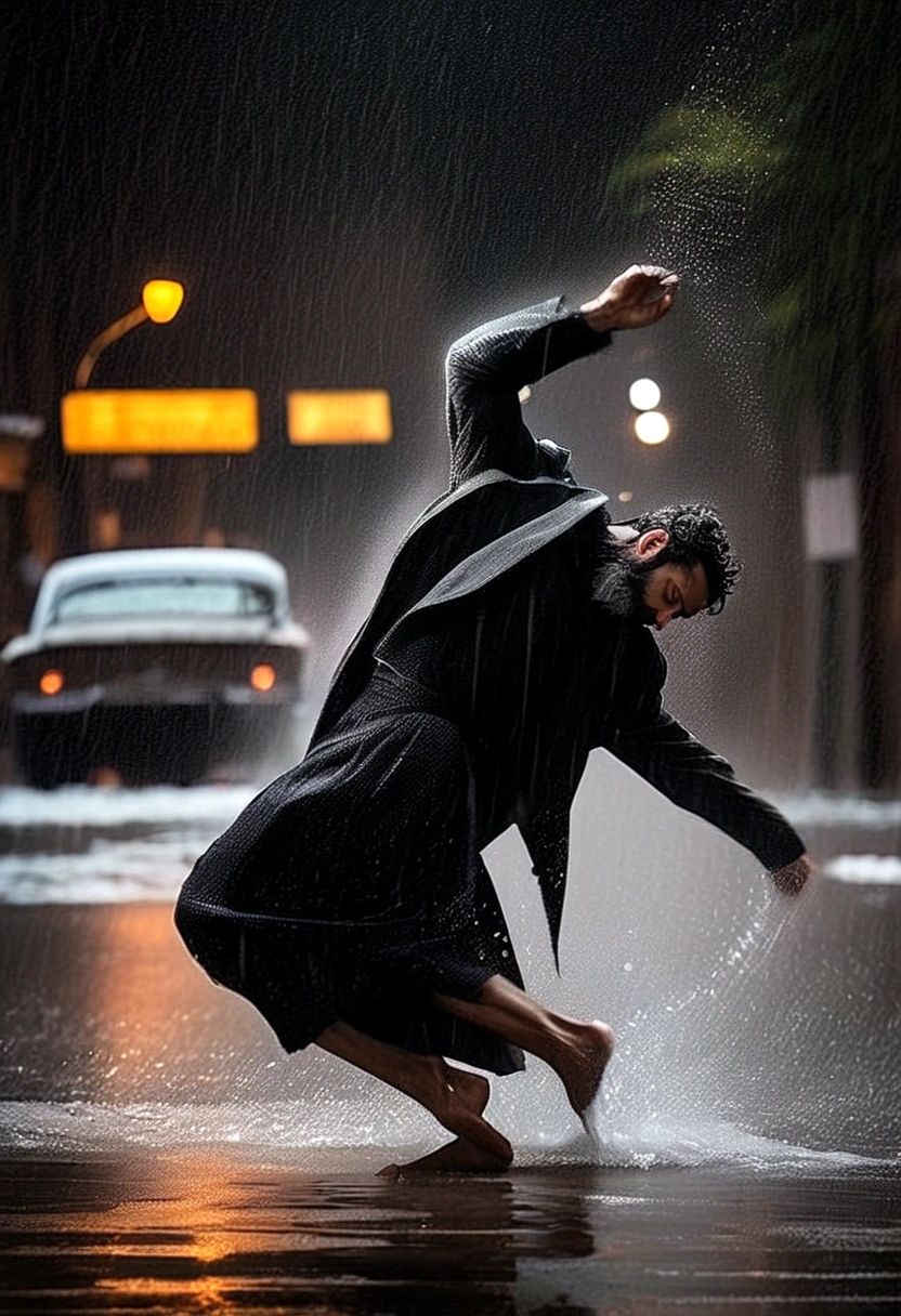 Award-winning photography,Soul Dancer Mark,A homeless man dancing alone in the rain, souls,crazy,Madness,tension,Barefoot,Loose and worn clothes,Professional ballet movements,Fingertips 1 butterfly,Very contagious,Splash,Light and Shadow,Minimalism,artistic conception,Clean dark background