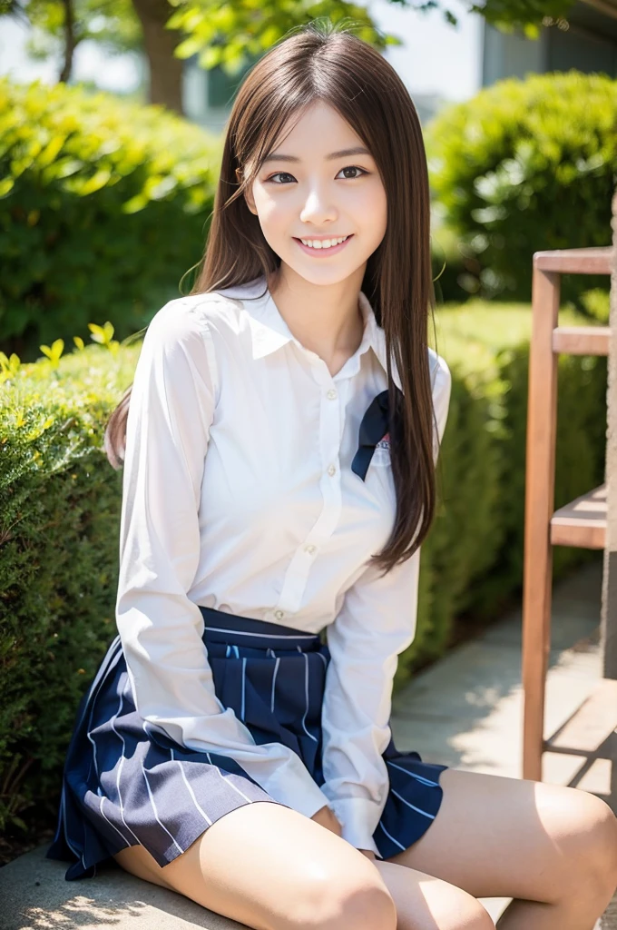 Pure Japanese school girl, wearing uniforms and blouse and skirt, natural makeup, natural hair styles, sweet smile, sexual attractive, sitting and relaxing, professional portrait photography, dazzling summer sunlight,