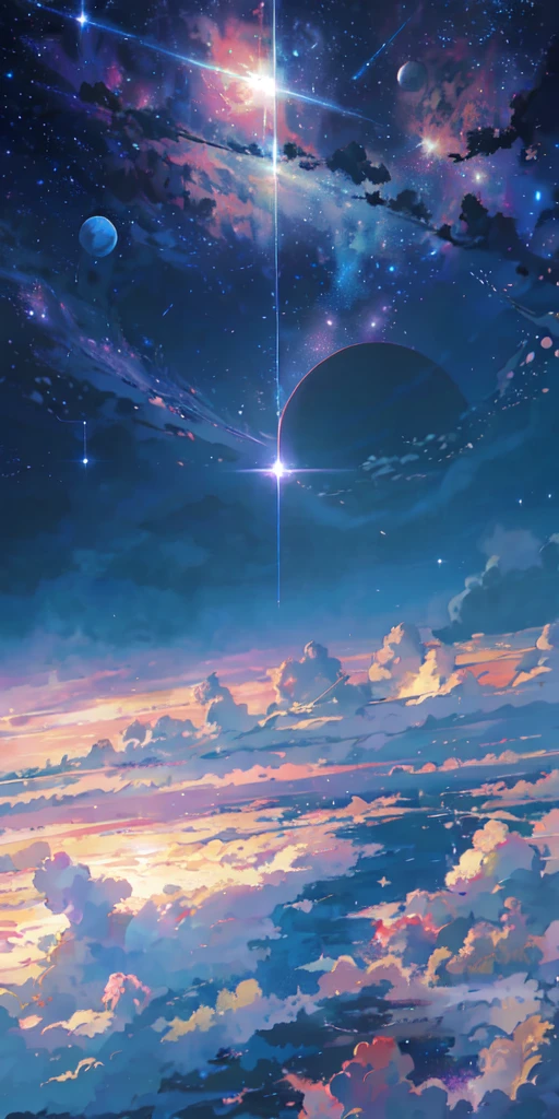 anime - style scene of a beautiful sky with a star and a planet, cosmic skies. by makoto shinkai, anime art wallpaper 4k, anime art wallpaper 4 k, anime art wallpaper 8 k, anime wallpaper 4k, anime wallpaper 4 k, 4k anime wallpaper, anime sky, amazing wallpaper, anime background, heaven planet in background, anime background art