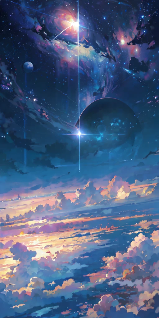 anime - style scene of a beautiful sky with a star and a planet, cosmic skies. by makoto shinkai, anime art wallpaper 4k, anime art wallpaper 4 k, anime art wallpaper 8 k, anime wallpaper 4k, anime wallpaper 4 k, 4k anime wallpaper, anime sky, amazing wallpaper, anime background, heaven planet in background, anime background art