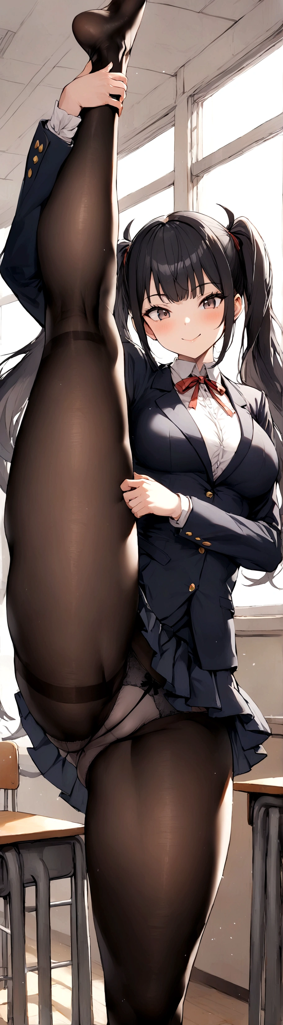 One Girl, Five Fingers, mini skirt, Looking down at the viewer, Twin tails, Highest quality, Focus on the thighs, Dynamic pose, smile, blazer, blouse, Black Pantyhose, panties under pantyhose, Standing Split, classroom, Black Hair, Stylish pose,My thighs are steaming between the legs 、Thick thighs、Big