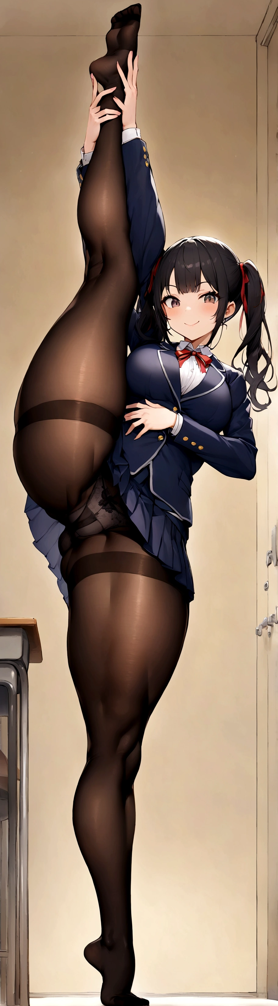 One Girl, Five Fingers, mini skirt, Looking down at the viewer, Twin tails, Highest quality, Focus on the thighs, Dynamic pose, smile, blazer, blouse, Black Pantyhose, panties under pantyhose, Standing Split, classroom, Black Hair, Stylish pose,My thighs are steaming between the legs 、Thick thighs、Big 