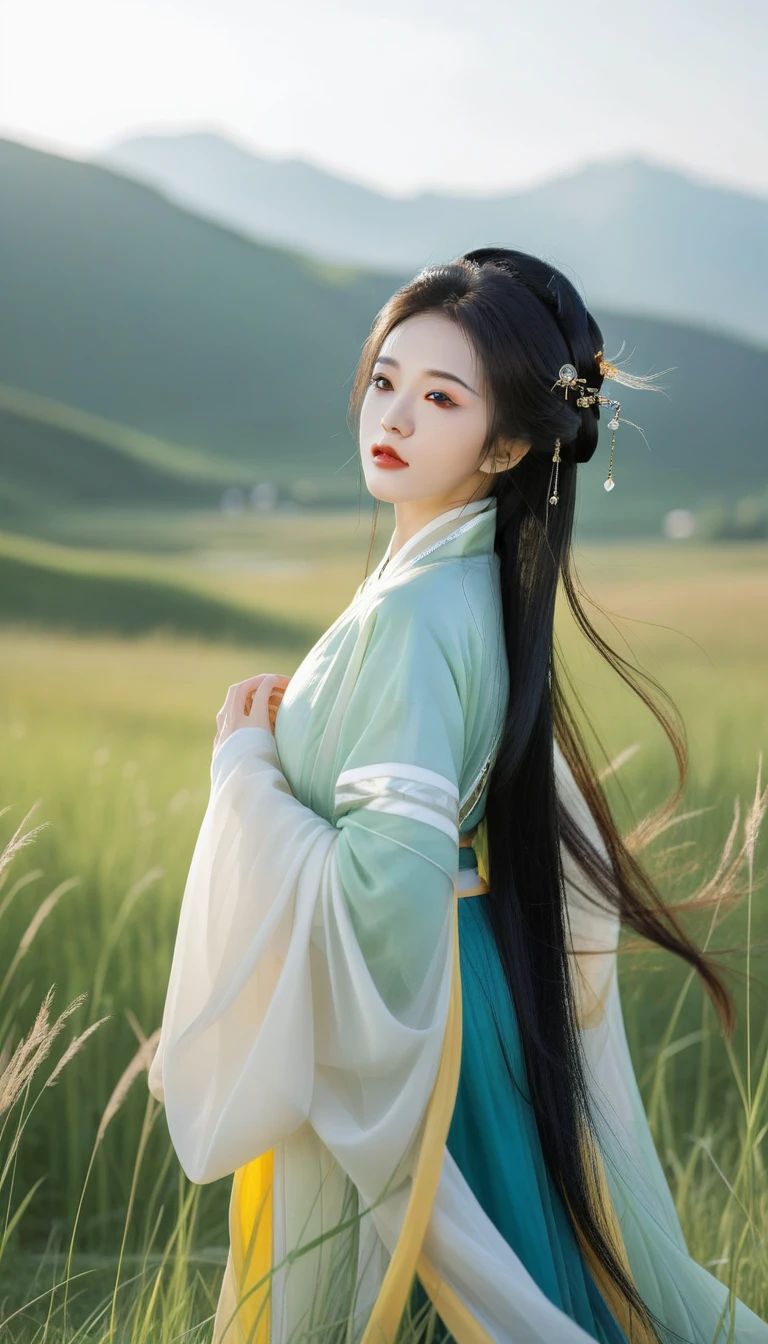best quality,HD portrait photography， Looking at the audience,Female image wearing traditional Hanfu, Big breasts，summer,ruins,((Messy hair)),(grassland),(Yellow eyes),Ridiculous,(Black Hair),Flowing hair,A large number of environments,middle Ages ,grace,prospect,Water Eye,wind,微wind,Divine Light,grassland,Mountains and lakes in the distance,The sun shines through the trees,A vast expanse of grassland,Pretty Face, beautiful eyes,