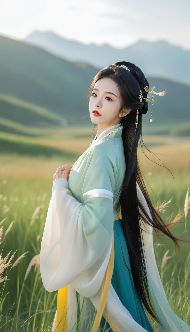 best quality,HD portrait photography, Looking at the audience,Female image wearing traditional Hanfu, Big breasts,summer,ruins,((Messy hair)),(grassland),(Yellow eyes),Ridiculous,(Black Hair),Flowing hair,A large number of environments,middle Ages ,grace,prospect,Water Eye,wind,微wind,Divine Light,grassland,Mountains and lakes in the distance,The sun shines through the trees,A vast expanse of grassland,Pretty Face, beautiful eyes,