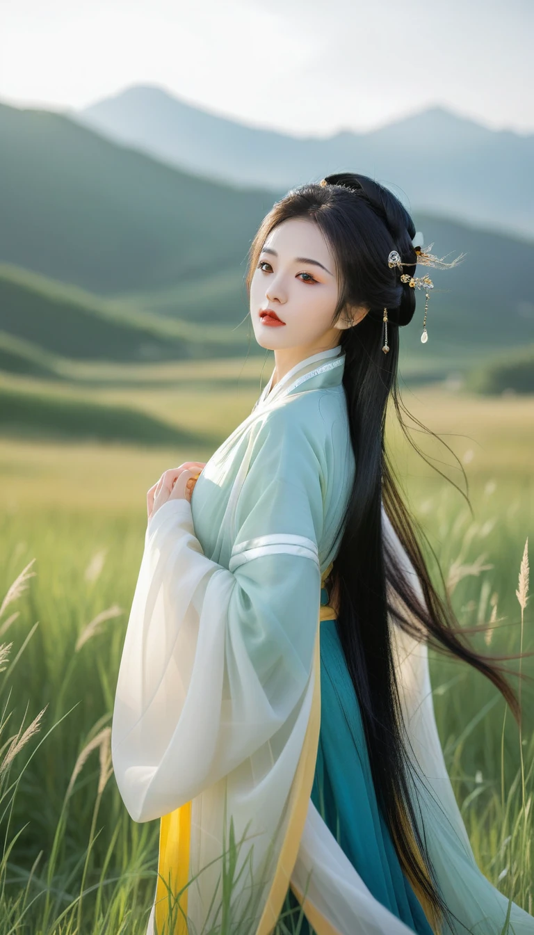 best quality,HD portrait photography, Looking at the audience,Female image wearing traditional Hanfu, Big breasts,summer,ruins,((Messy hair)),(grassland),(Yellow eyes),Ridiculous,(Black Hair),Flowing hair,A large number of environments,middle Ages ,grace,prospect,Water Eye,wind,微wind,Divine Light,grassland,Mountains and lakes in the distance,The sun shines through the trees,A vast expanse of grassland,Pretty Face, beautiful eyes,