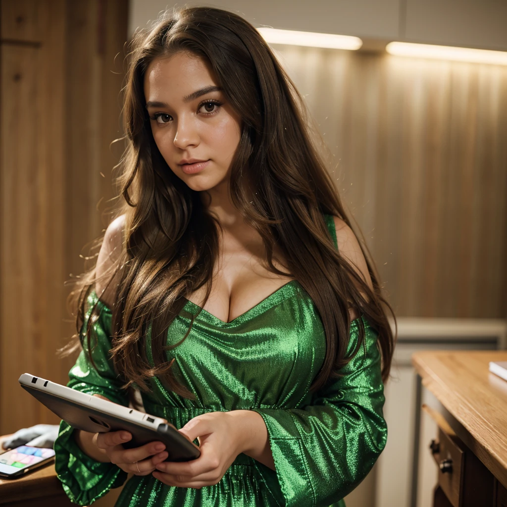 Beautiful woman of Russian nationality, light skin, lush hair, wavy hair, long hair, hair color light brown, brown hair, full girl, round face, chubby cheeks, short neck, broad shoulders, wearing elegant emerald-colored dress, shiny dress with sleeves, holding a graphic tablet, working on the tablet, graphic stylus, looking at the viewer, neon background, blurred background, best quality, realistic style