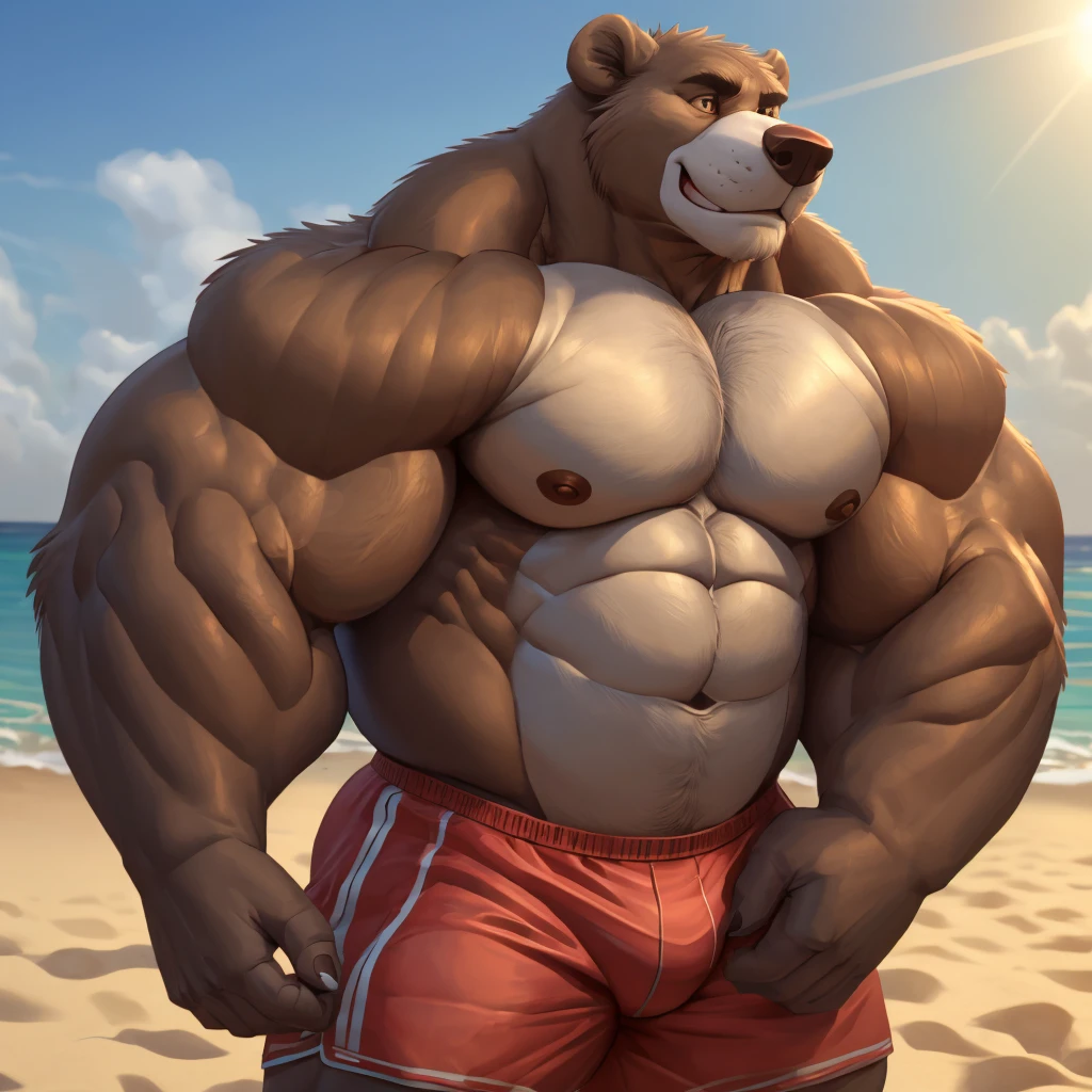 solo, 1boy, beach, size different, extremely huge muscular, massive muscular, Baloo, jungle book, grizzly bear, full-body, well-muscled bring shirtless and topless in a black swim trunk shorts in beach. Flexing his arms. ((extremely muscle size, super thick arms, huge back, thick brown fur, extremely wide back and shoulder , huge arms)). and add details to make it attractive and interesting. Add textures and details to make the image more realistic, such as the appearance of the shirt texture and the appearance of the skin. Make sure the resulting image is high resolution, 8K quality.", simple background, masterpiece, high detailed, 8k, high resolution