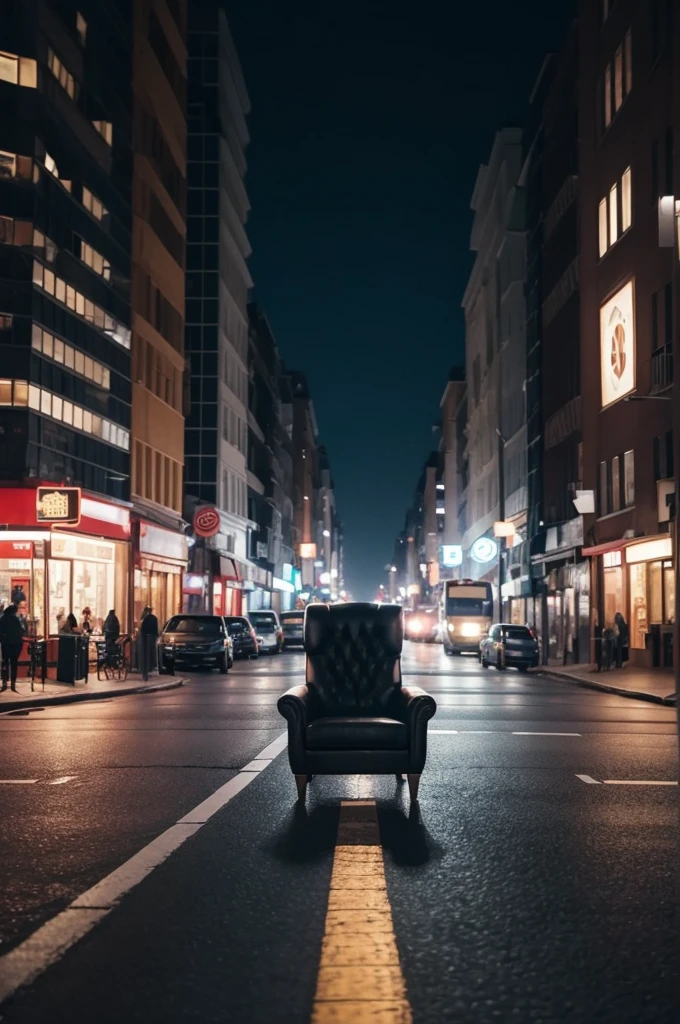 Armchair in the middle of a road at night Image with dimensions from an Instagram post