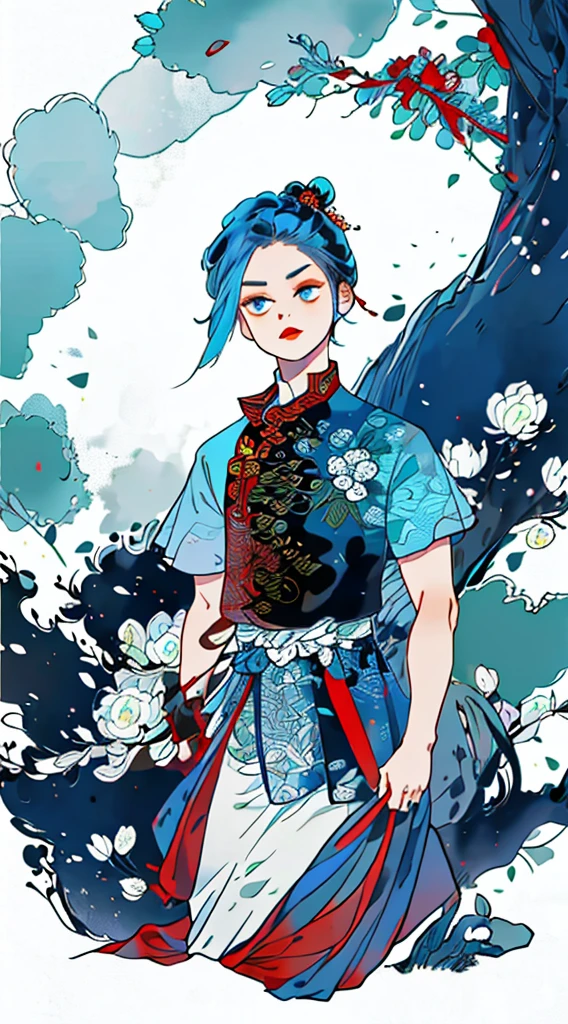 Masterpiece, Best quality, 1 Ji Ruxue, the expression is cold, strong, blue eyes, short hair, wolfcut hairstyle, smoky mix blue color hair, resolute eyes, red lips, simple Taoist Taoist uniform, Chinese mix morden, frontal photo, black or white background, simple background, アニメ, illustration, Chinese style short-sleeved shirt, cool girl, Ji Ru Xue, Fullbody, blank background , full HD, simple background, chibi