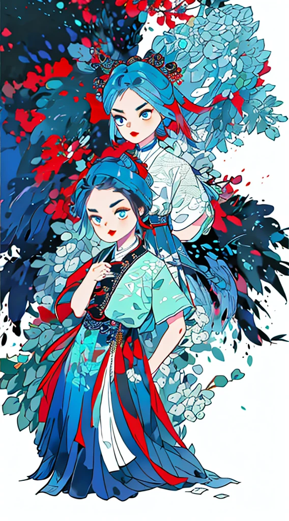Masterpiece, Best quality, 1 Ji Ruxue, the expression is cold, strong, blue eyes, short hair, wolfcut hairstyle, smoky mix blue color hair, resolute eyes, red lips, simple Taoist Taoist uniform, Chinese mix morden, frontal photo, black or white background, simple background, アニメ, illustration, Chinese style short-sleeved shirt, cool girl, Ji Ru Xue, Fullbody, blank background , full HD, simple background, chibi