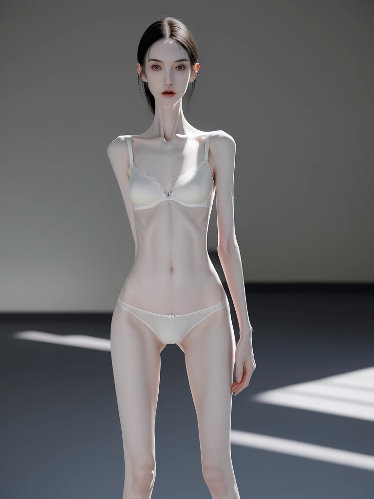 a woman, very thin body, body visible bones, very slender, pale white skin, panties, bra,tatto, sweaty weat body , full body viewed , standing in a school setting, realistic, detailed, highly detailed, intricate details, photorealistic, 8k, masterpiece, cinematic lighting, dramatic shadows, vibrant colors