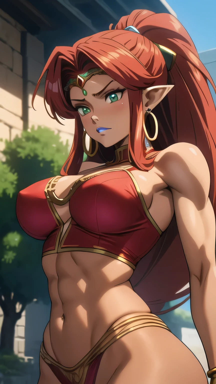tall_female,Urbosa, large breasts,abs, armor, blue lips, very long hair, circlet, crop top, dark-skinned female, dark skin, earrings, green eyes, hoop earrings, jewelry, long hair,lace lingerie , makeup, midriff, muscular, muscular female, narrowed eyes, navel, neck ribbon, pointy ears, red hair, ribbon, swept bangs, tan, wide ponytail, big hair, narrow hips, toned, curvy, gerudo,ornate,, 1girl, solo, looking at viewer,straight-on, upper body, official art, highres, scenery, (masterpiece:1.1), (best quality,:1.1), (high quality:1.1), (anime screencap:1.2), exposed pussy