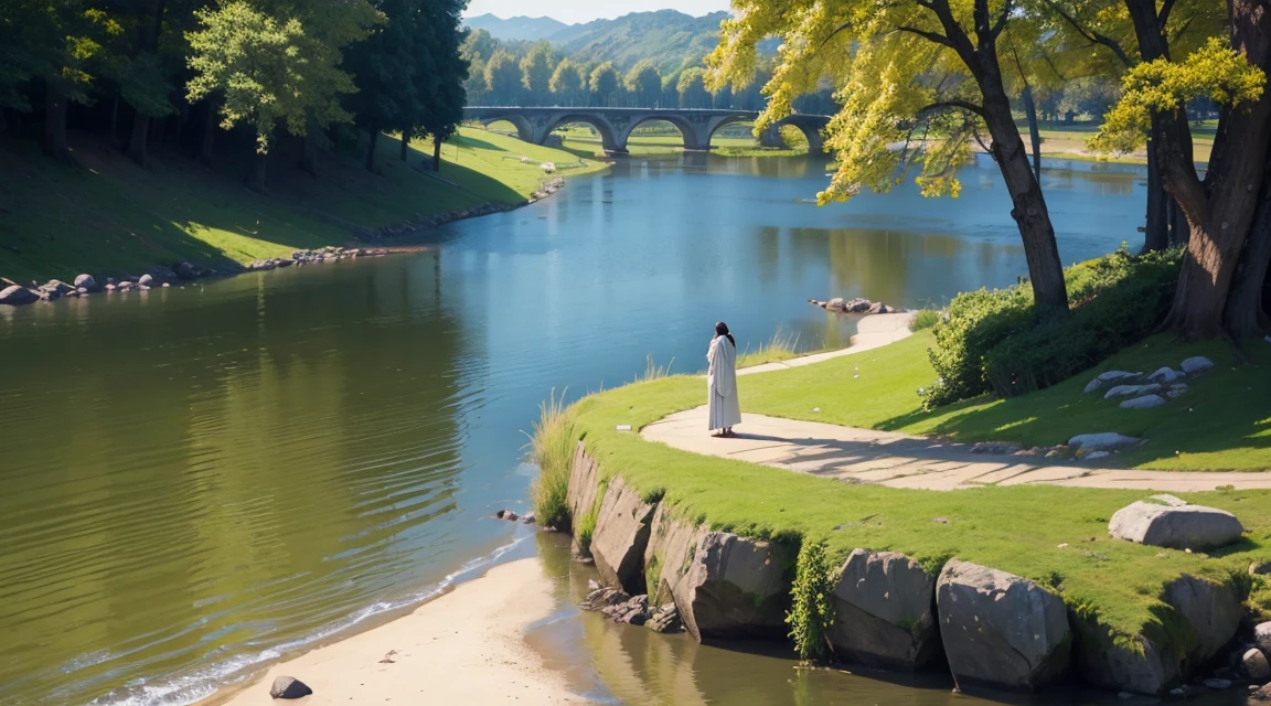 artistry, 真实感, 4K, good quality, Jesus preaching on the banks of the river