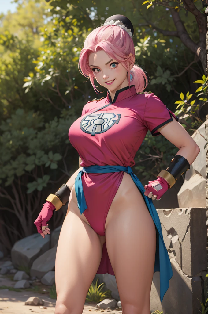maam,big breasts,beautifuleyes,narrow waist,realistic,solo,outdoor,forest, martialMaam,pink hair,hair bun,long hair,china dress,short sleeves,sash,fingerless gloves,beautiful legs, smile, clenched fists, action pose,:1.1), lady, dragon quest