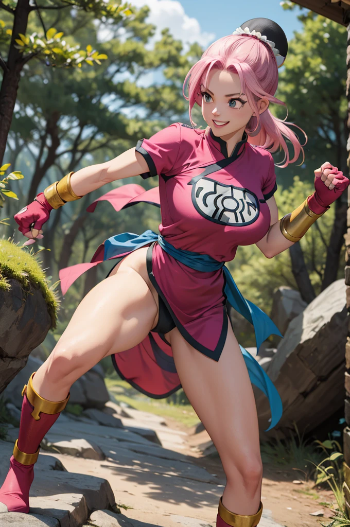 maam,big breasts,beautifuleyes,narrow waist,realistic,solo,outdoor,forest, martialMaam,pink hair,hair bun,long hair,china dress,short sleeves,sash,fingerless gloves,beautiful legs, smile, clenched fists, action pose,:1.1), lady, dragon quest