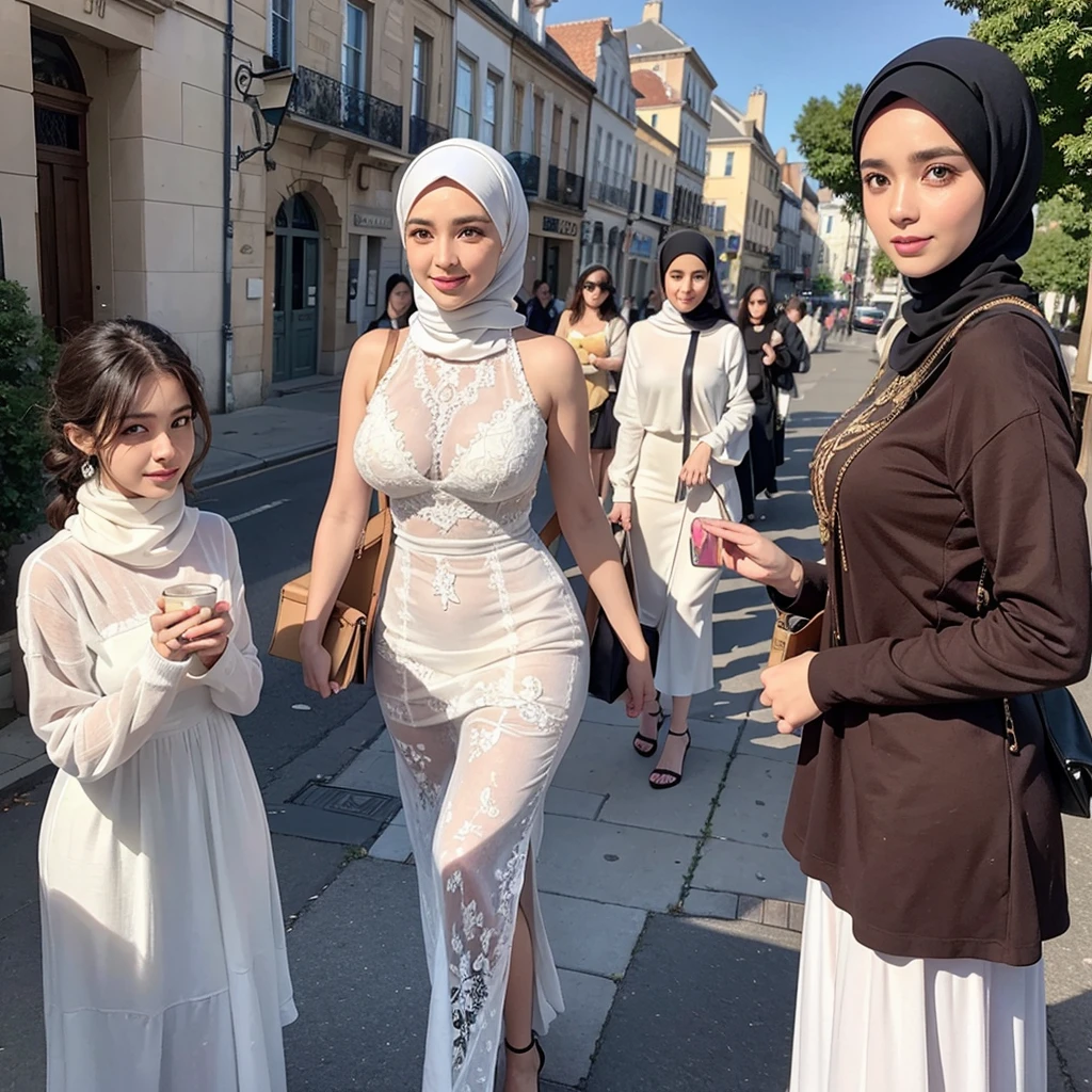 .RAW, Best quality, High resolution, Masterpiece: 1.3), Deux belles femmes malaises en hijab,Masterpiece, Corps slim fit parfait, (huge breasts), De grands yeux magnifiques, doux sourire, Delicate turtleneck printed sun dress, collier, bande de cheveux, Afternoon Walk, Jardin de ville, Excellent lighting, couleurs vives, clean lines