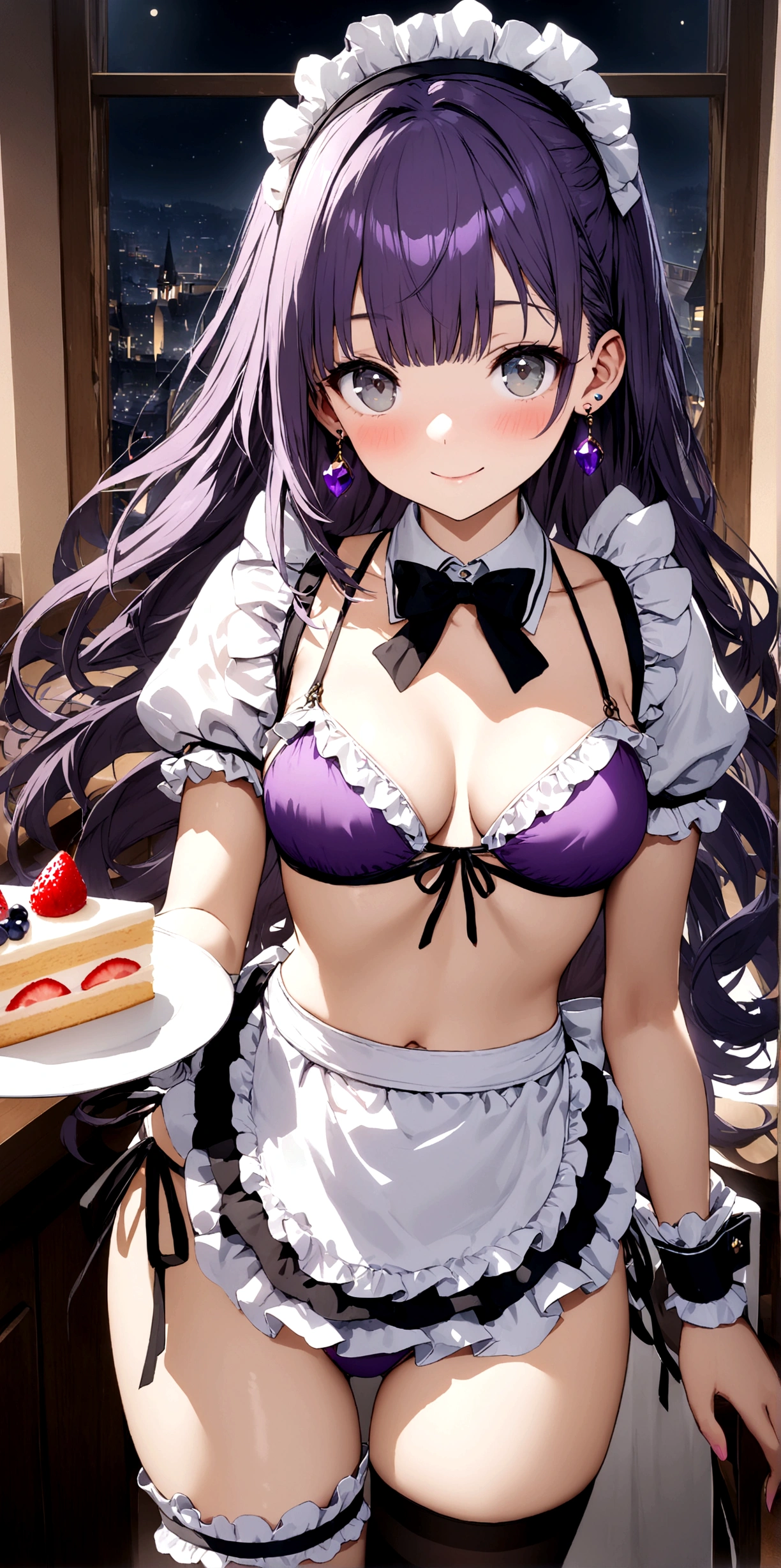 ((32k)), ((best quality)), ((ultra high res)), ((HDR)), ((UHD)), ((extremely detailed CG)), ((unity 32k wallpaper)), (((Virgin girl))), solo, long hair, (breasts), looking at viewer, blush, smile, bangs, thighhighs, bow, holding, cleavage, jewelry, (purple bikini), (medium breasts), closed mouth, standing, swimsuit, (purple hair), short sleeves, bikini, ((cowboy shot)), earrings, frills, food, black thighhighs, indoors, bowtie, apron, cup, puffy short sleeves, wrist cuffs, grey eyes, thigh strap, detached collar, side-tie bikini bottom, thigh gap, table, single thighhigh, waist apron, white apron, plate, tray, teacup, cake, frilled apron, pink bikini, bridal garter, holding tray, cake slice, (night),