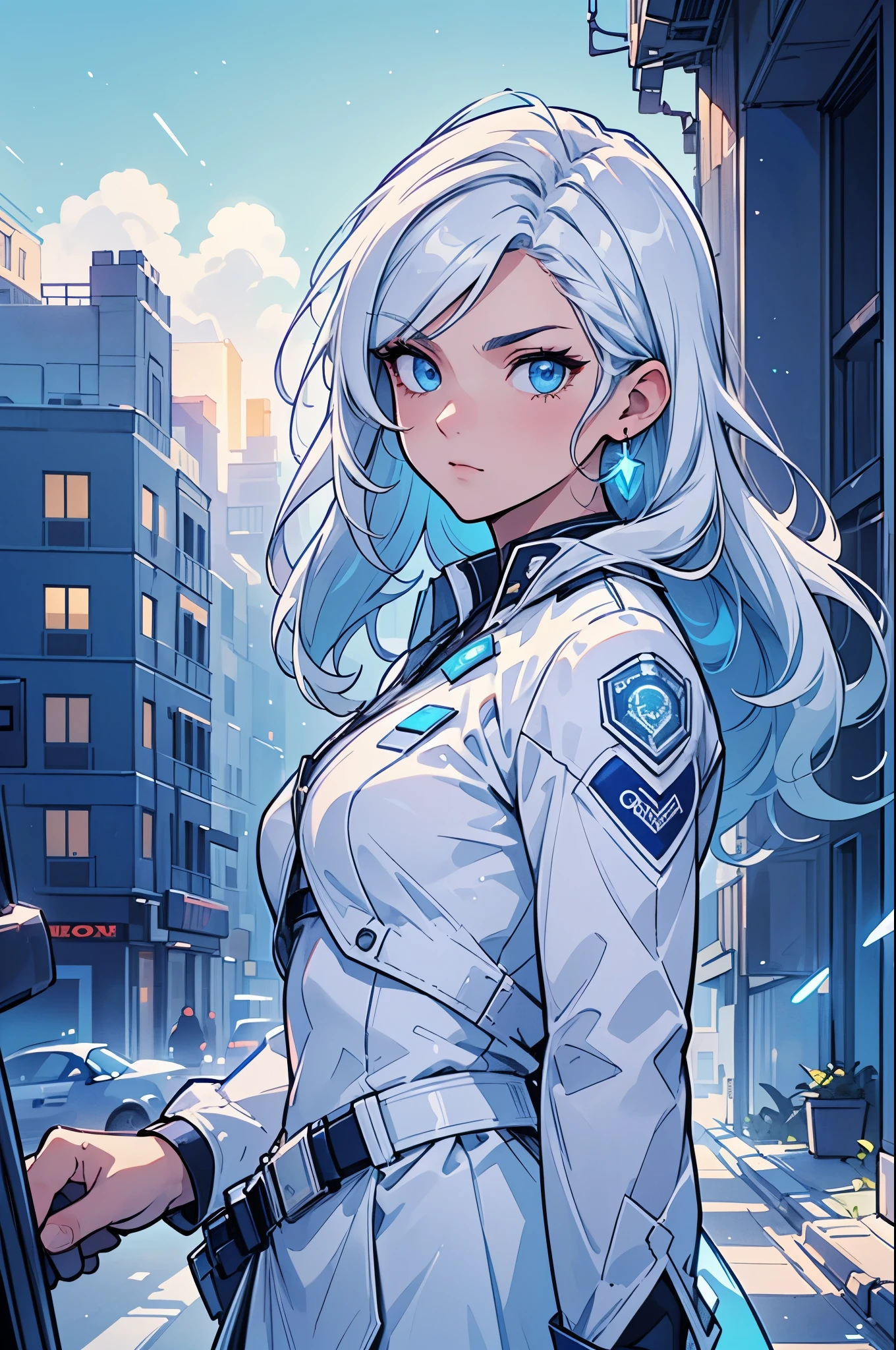(masterpiece, best quality, detailed face, super detailed, advanced details, highest quality, high resolution, 8K) A cinematographic scene of a serious long hair white hair woman, blue eyes, with white oficial police clothes, Neon blue lights and buildings background.