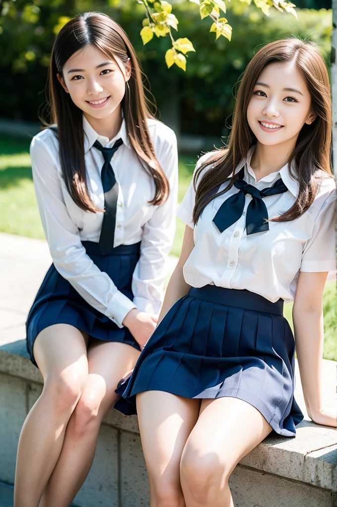 Pure Japanese school girl, wearing uniforms and blouse and skirt, natural makeup, natural hair styles, sweet smile, sexual attractive, sitting and relaxing, professional portrait photography, dazzling summer sunlight, 