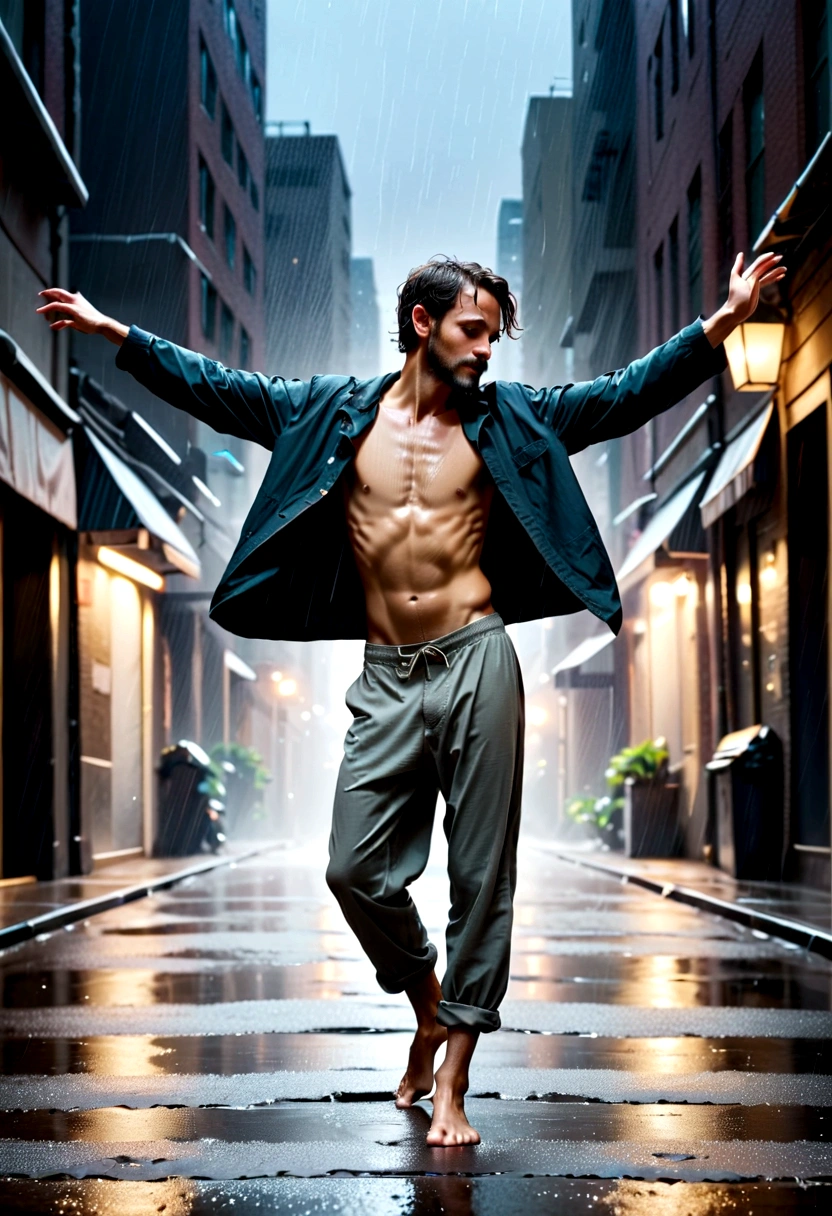 Soul Dancer Mark,A homeless man dancing alone in the rain， souls，crazy，Madness，tension，Barefoot，Loose and worn clothes，Professional ballet movements，Fingertips 1 butterfly，Very contagious，Splash，Light and Shadow，Minimalism，artistic conception，Clean dark background