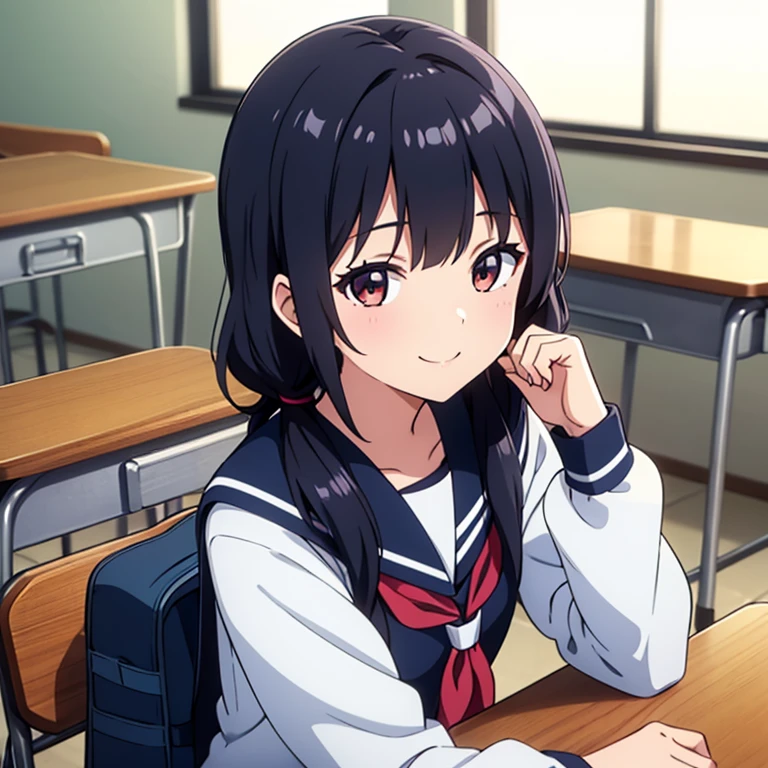 1girl, sitting on chair, gentle smile, 15yo,
classroom, indoors, school chair, school desk,
(low twintails girl), low pigtails, black hair, very long hair,
serafuku with blue ribbon, navy-blue collar,
(brown eye), 1 student bag on right shoulder,
afternoon, summer,
from front,
school,
anime, high brightness, detailed face, detailed eyes,
high quality, ultra detailed, masterpiece, FHD