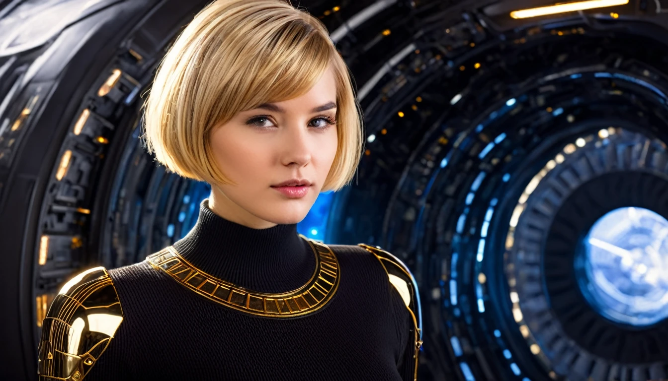 a beautiful 25 yo Texas Hamburg German woman with short blond bob angel hair, wearing a black sweater looking at a gold and chrome futuristic Venusian spacecraft, intricate detailing, HDR, vibrant contrast, 32k resolution, luminism lighting techniques, ultra-realistic digital render, bokeh, mass effect, close up black, beauty, pure perfection, divine presence, unforgettable, impressive, breathtaking beauty, Volumetric light, auras, rays, 8k uhd, dslr, soft lighting, high quality, natural textures 8k masterpiece canon eos r4s 50