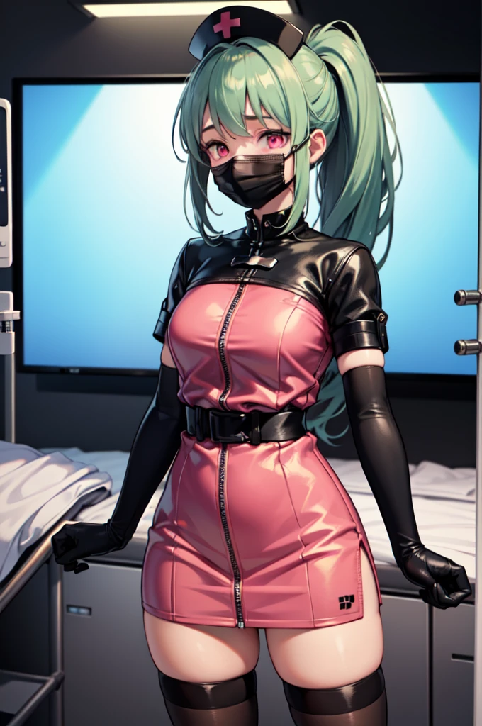black nurse, 1girl, solo, black nurse cap, black nurse uniform, ((black legwear, zettai ryouiki)), black elbow gloves, ponytail, green hair, pink eyes, ((black surgical mask, covered nose)), standing, ((surgery room)), sharp outline, short sleeves, best quality, masterpiece